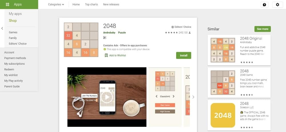 Screenshot of the 2048 app