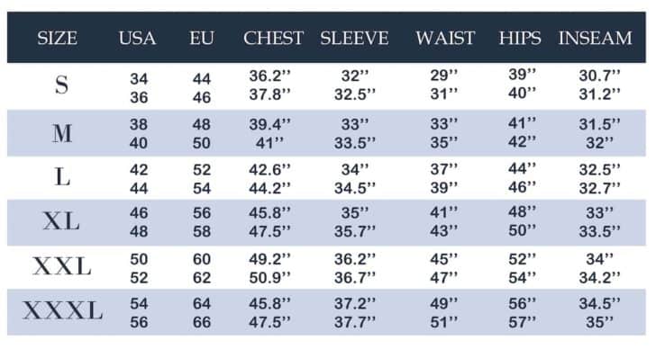 Size Chart Mens In Cm