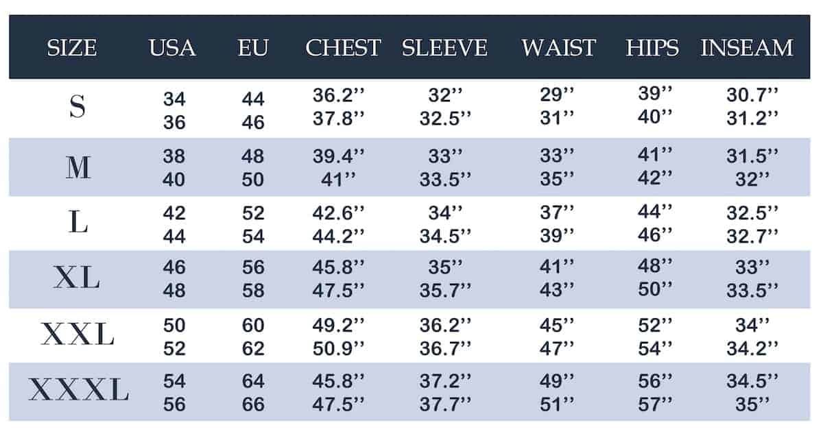 Men s Clothing Size Conversion Chart Pants Shirts Jackets 