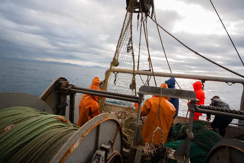 A group of fishermen wearing rain gear about to cast the net.