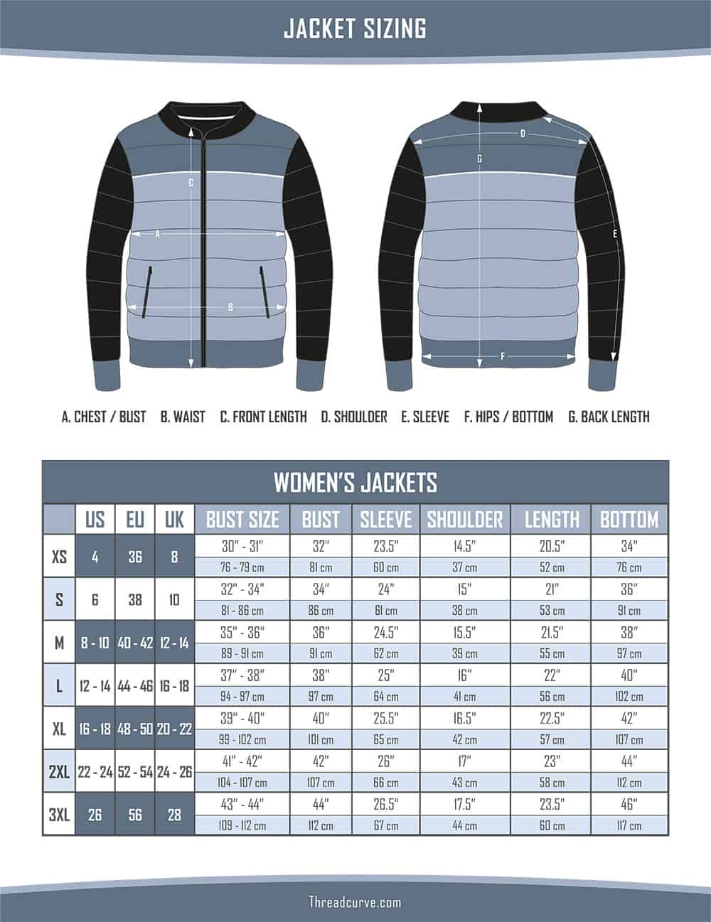 Detailed Coat Jacket Size Chart Table Diagram