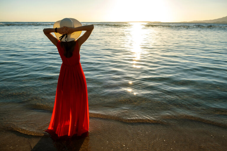 Woman wearing a long red dress