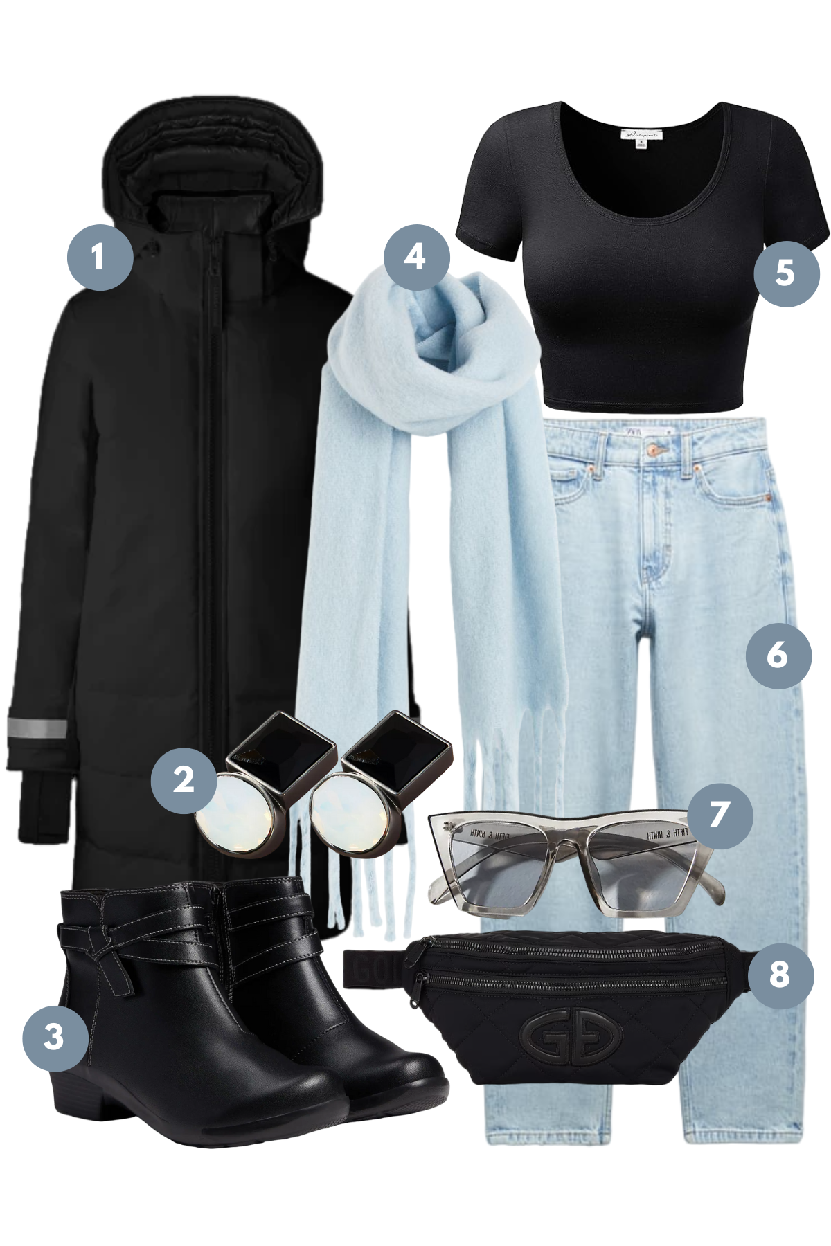 Urban Winter Chic: A Striking Blend of Cool Blues and Classic Blacks