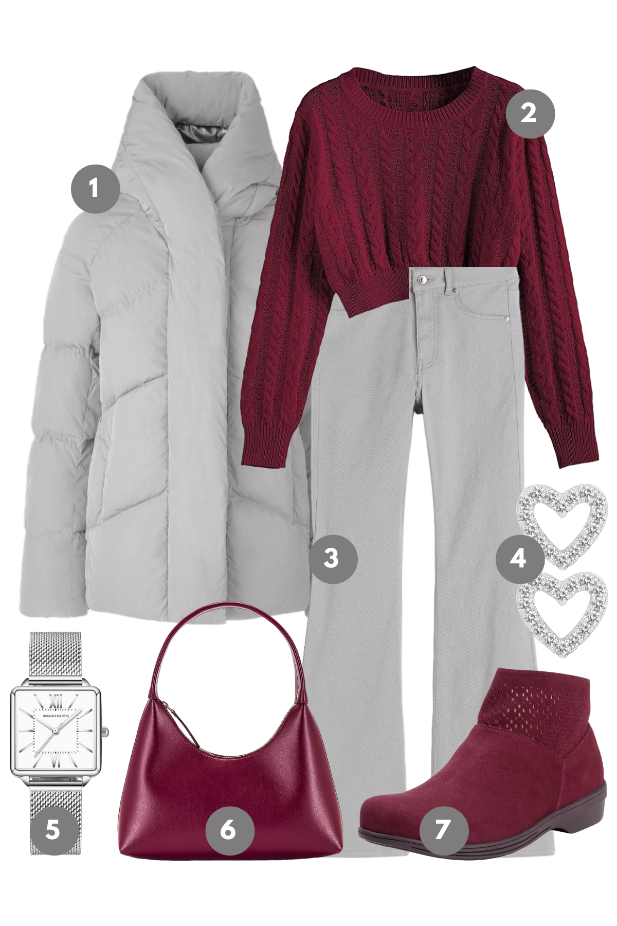 Frosty Chic: A Winter Ensemble with a Splash of Burgundy Elegance