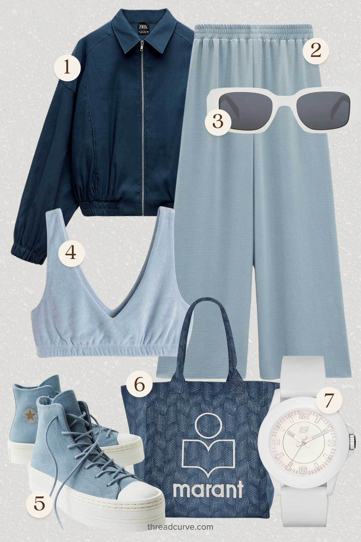 Blue Bomber Jacket with Bluish Top, Palazzo Trousers, and Chucks