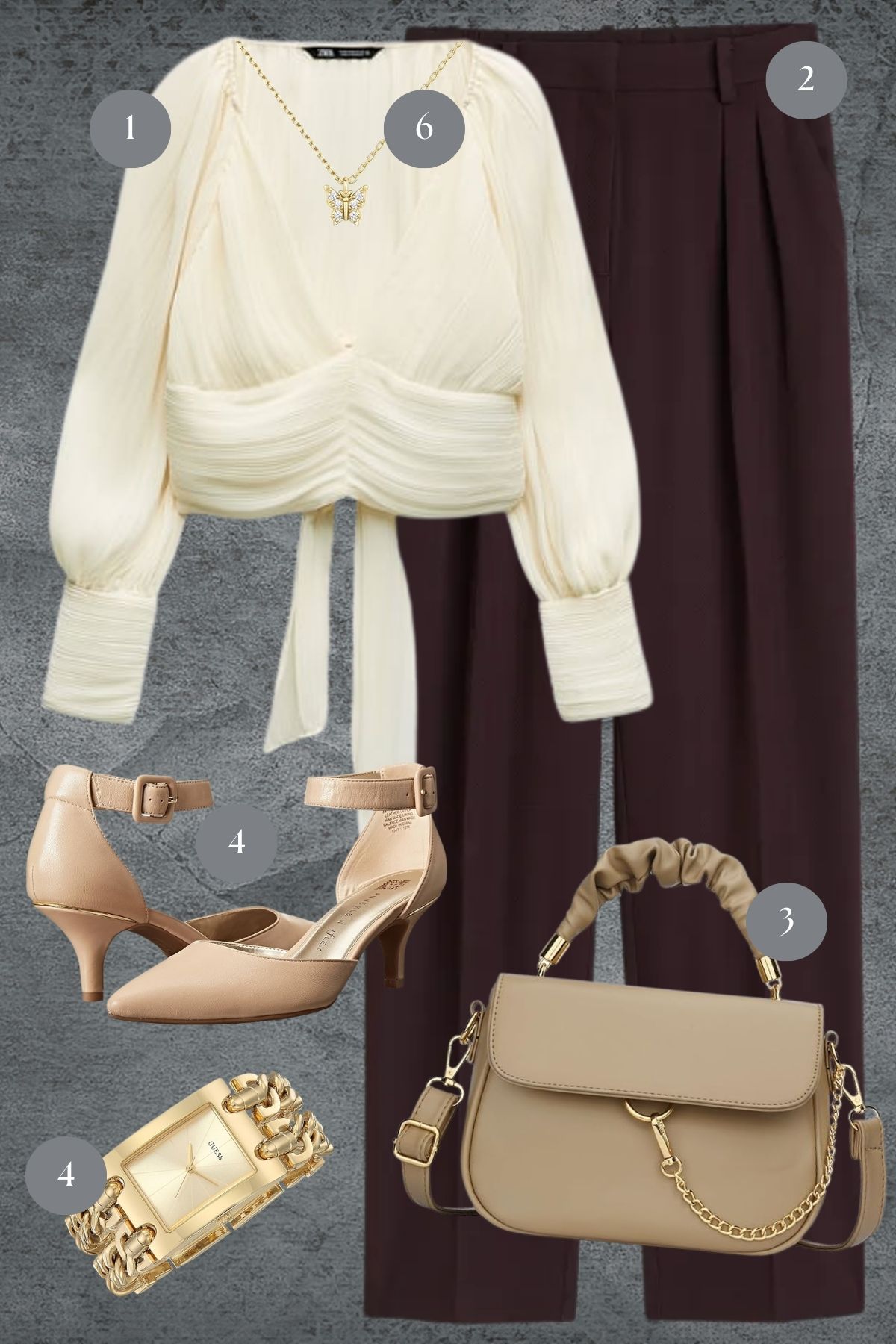 Elegant Twilight: A Contrast of Creamy Blouse and Deep Maroon Trousers