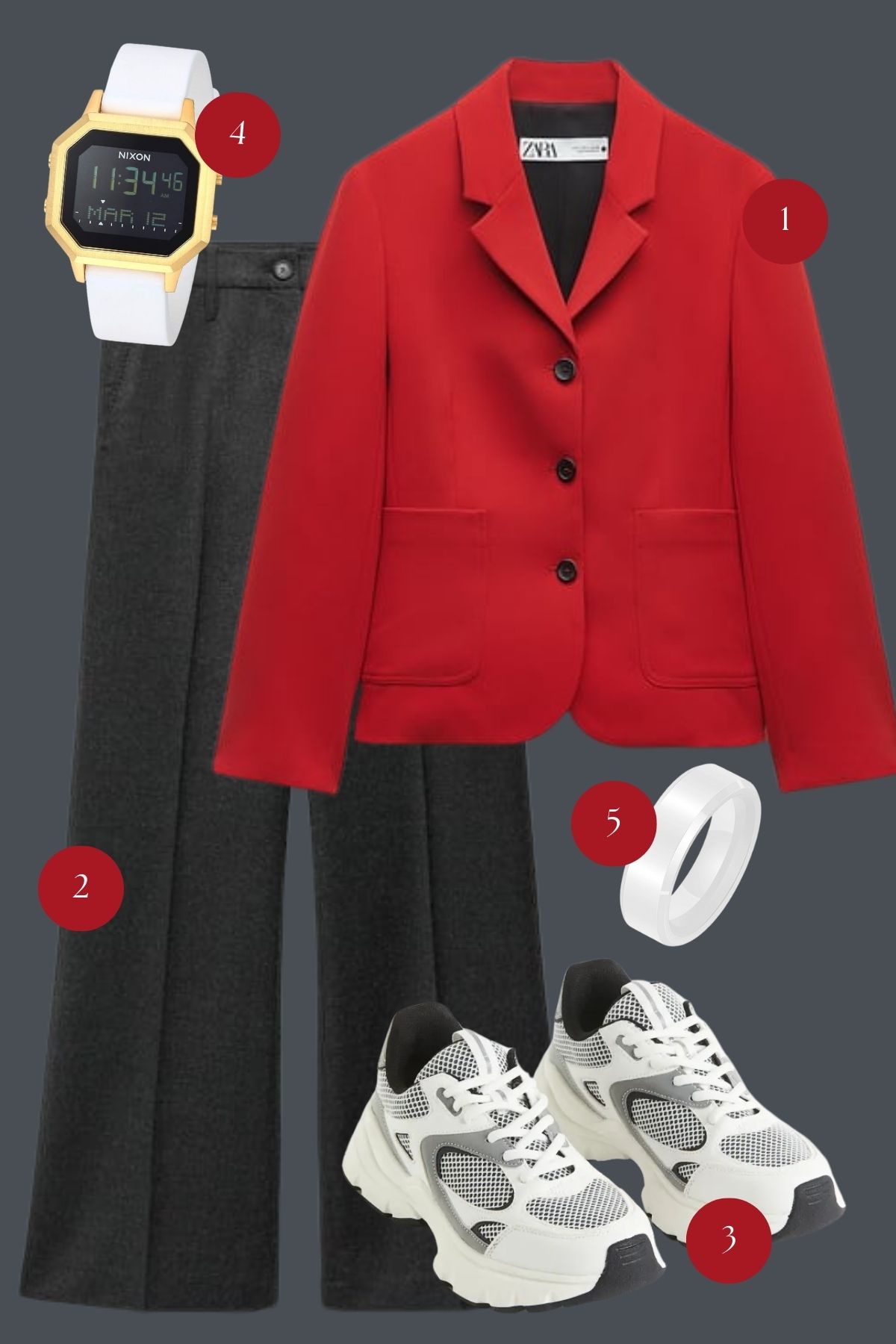 Power Play: Striking Red Blazer Meets Sporty Chic in Monochrome