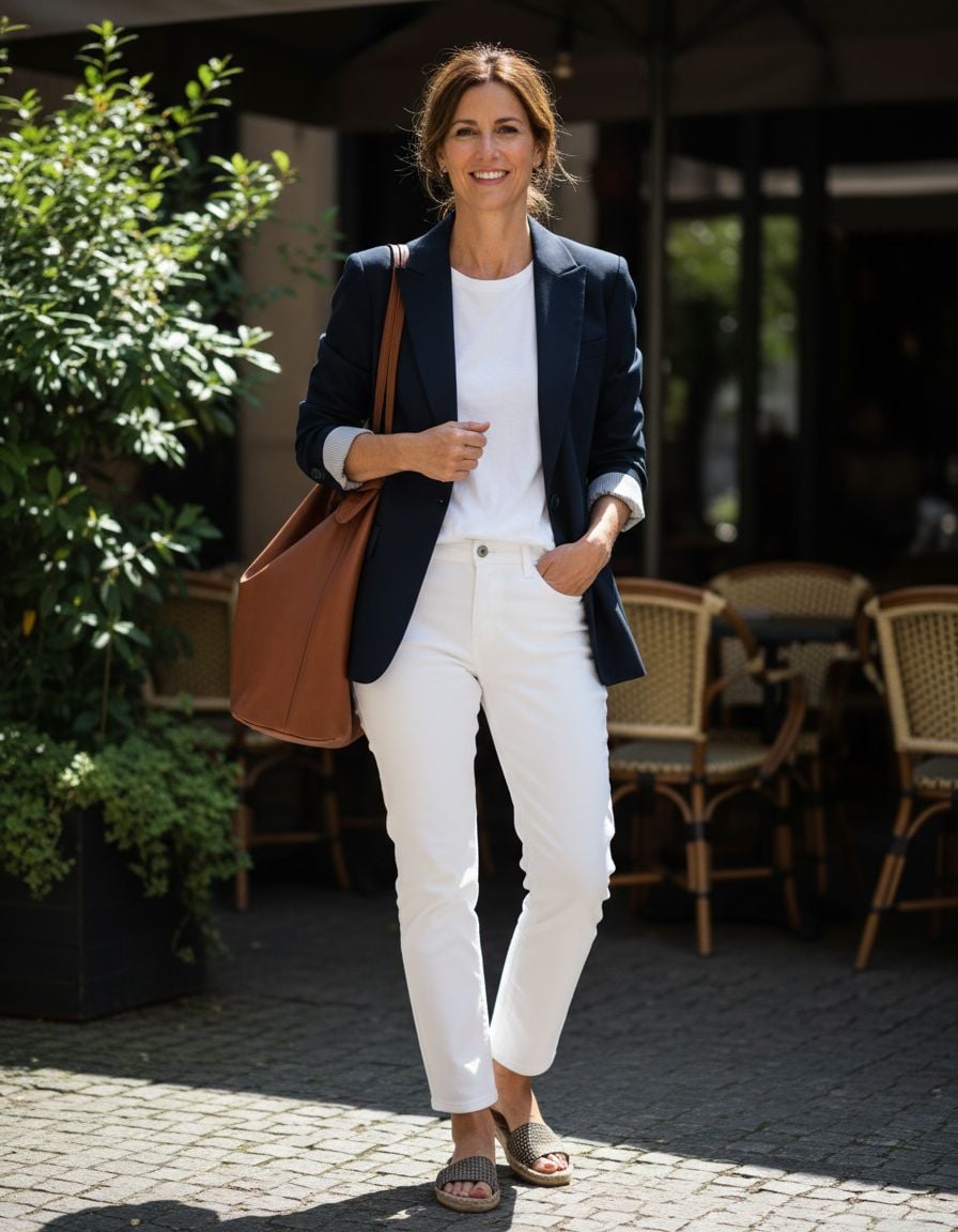 Classic Navy Blazer with White Jeans