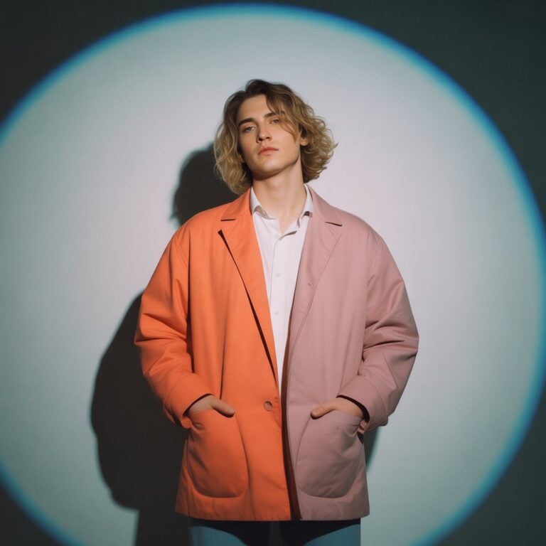 A person stands in a two-tone jacket, half orange and half pink, with hands in pockets against a circular light backdrop.