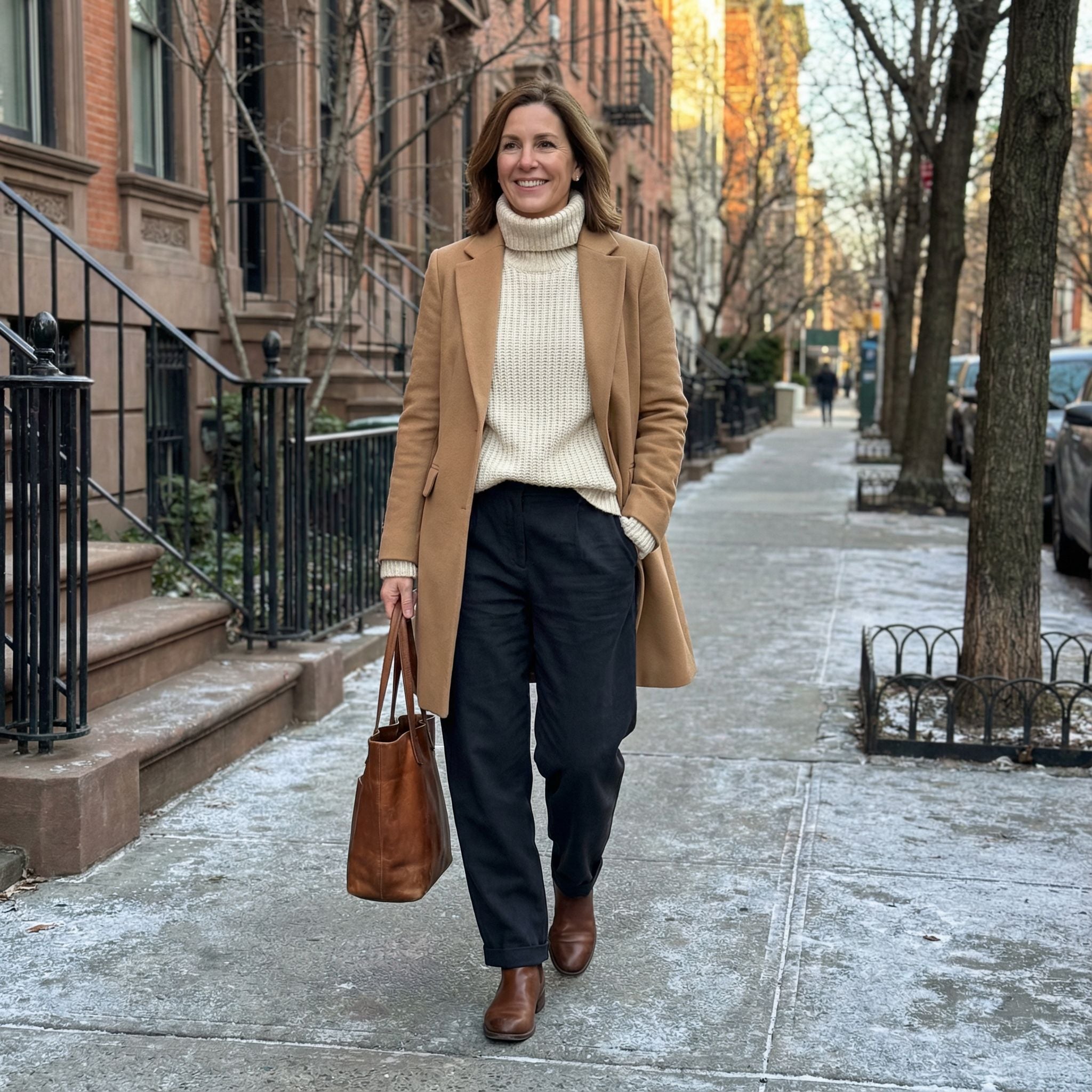 Cream Sweater Quiet Luxury Sidewalk Winter Look for 40-Year-Old Women