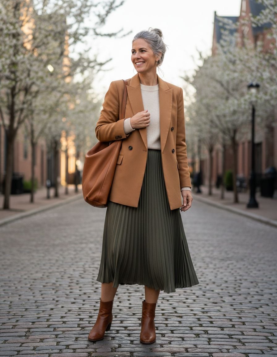 Double-Breasted Blazer with Midi Skirt