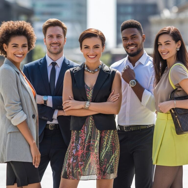 Group of five people standing outdoors, smiling and dressed in business-casual outfits.