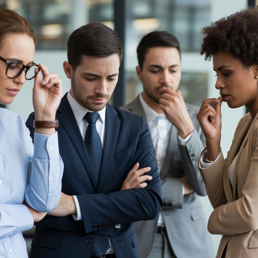 A group of professionals standing close together, all appearing deep in thought with serious expressions.