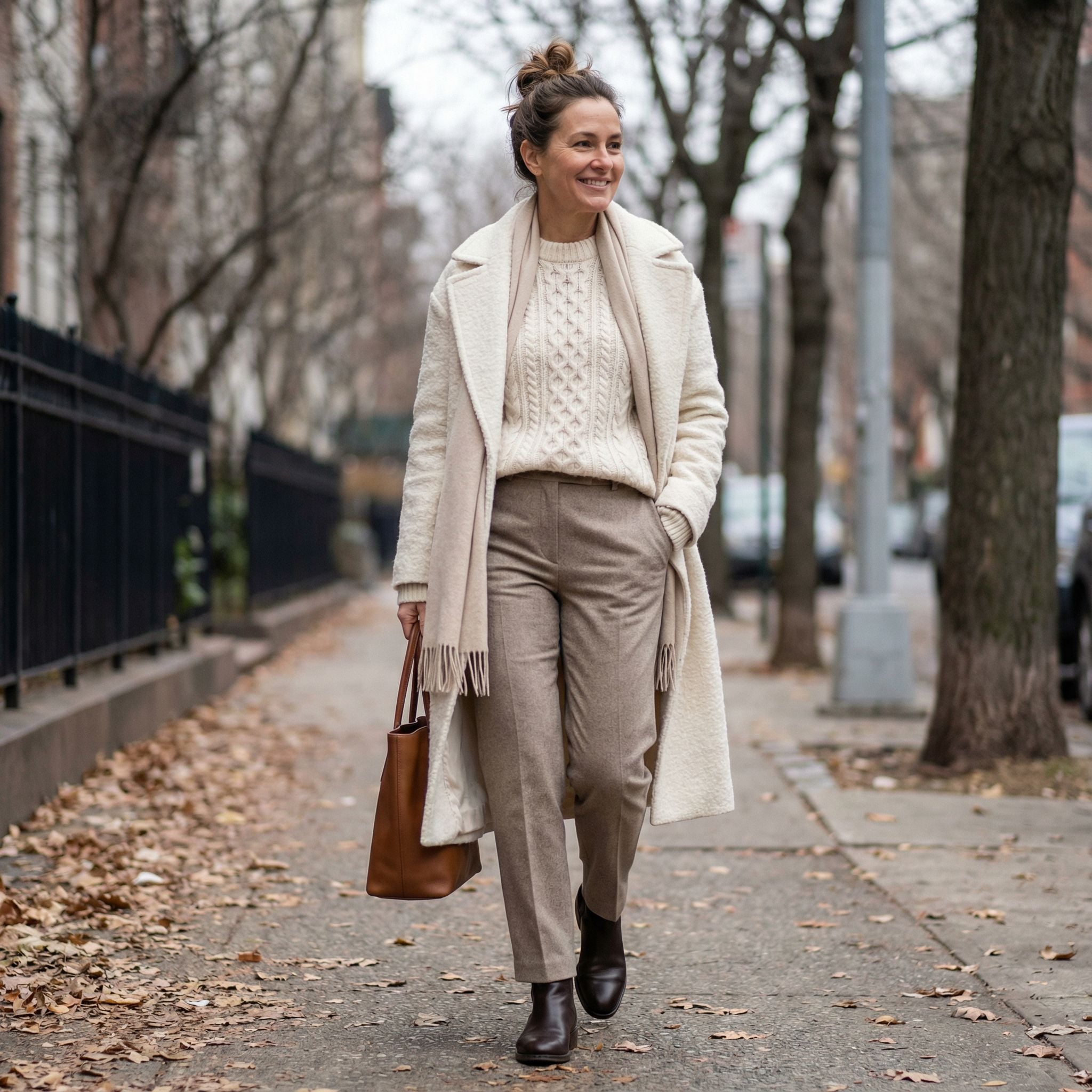 Ivory Knit Quiet Luxury Winter Sidewalk Outfit for 40-Year-Old Women