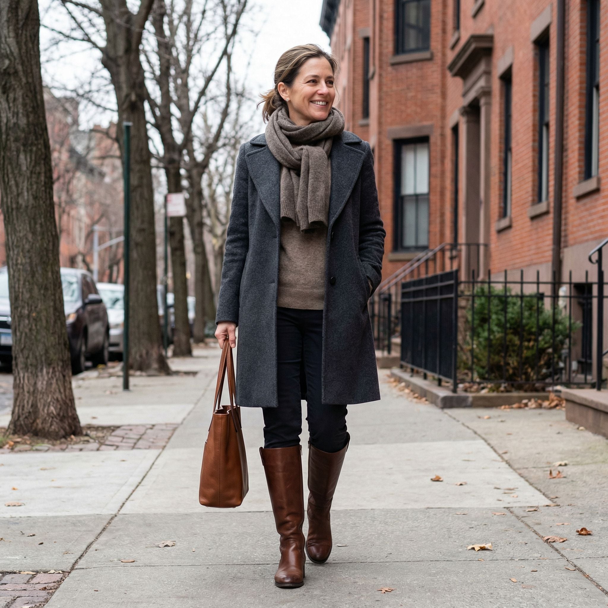 Knee High Boots Quiet Luxury Winter Sidewalk Outfit for 40-Year-Old Women