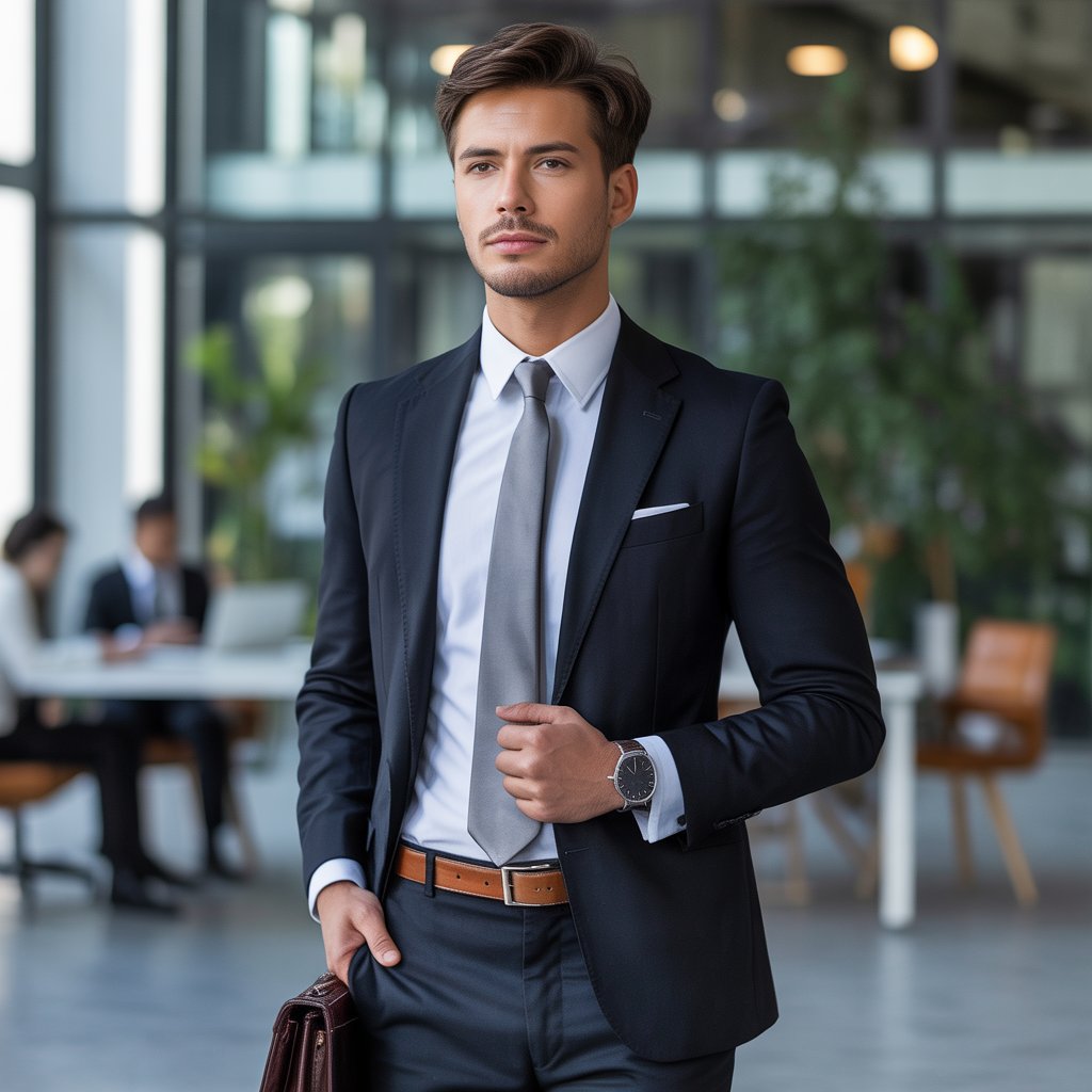 A man in a dark suit and tie stands in an office holding a briefcase.