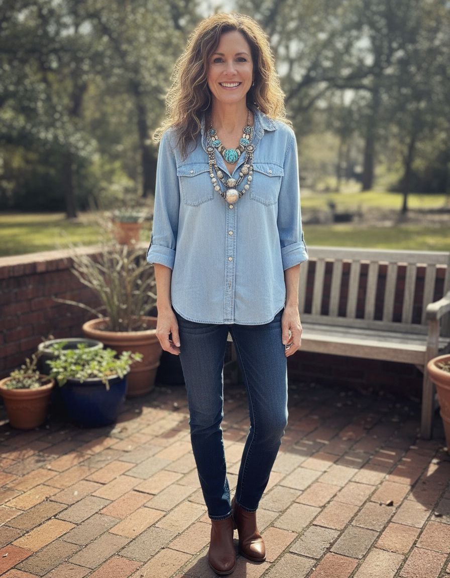 Statement Necklace Layered Over Chambray Shirt