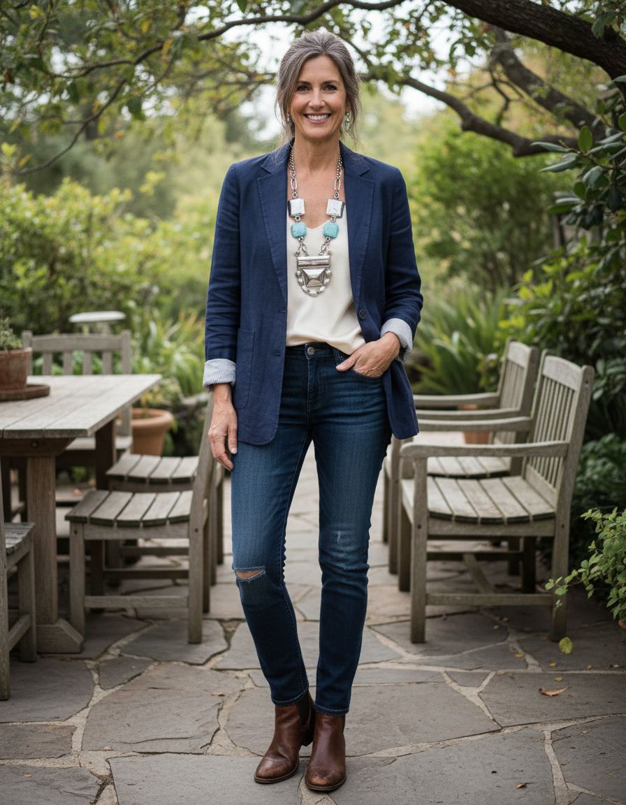 Statement Necklace Paired with Navy Blazer