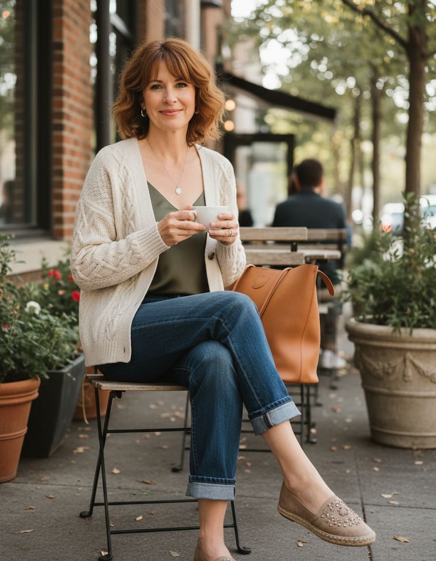 Stylish Cardigan Outfits for Women Over 40 with Casual Coffee-Date Style
