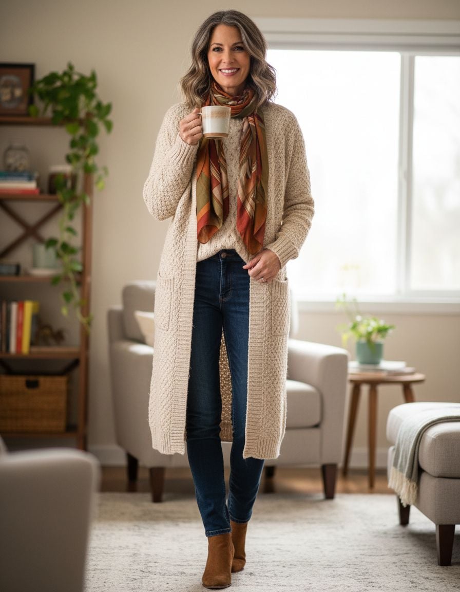 Stylish Cardigan Outfits for Women Over 40 with Cozy Yet Structured Layers