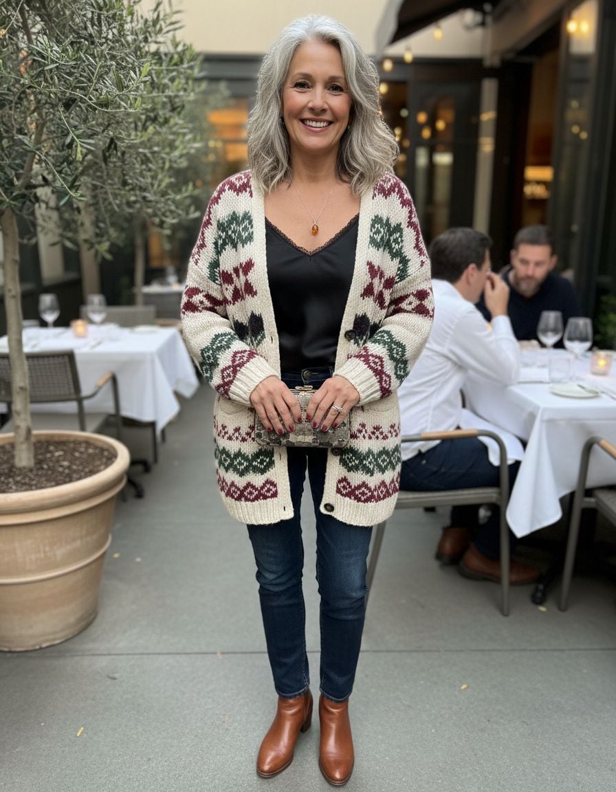Stylish Cardigan Outfits for Women Over 40 with Dinner-Ready Polish