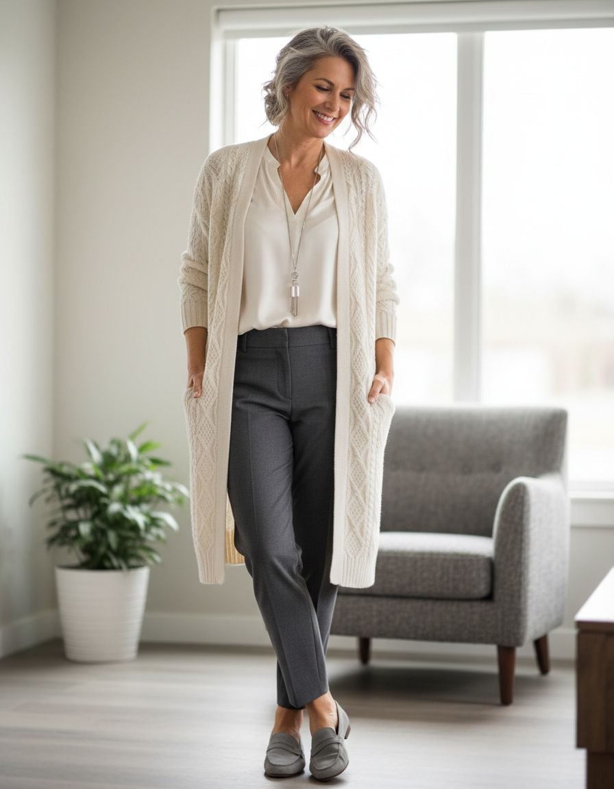 Stylish Cardigan Outfits for Women Over 40 with Monochrome Chic Styling