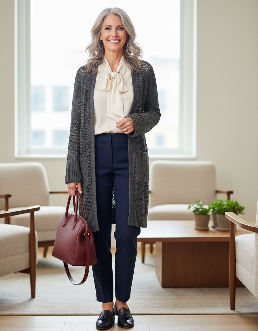 Stylish Cardigan Outfits for Women Over 40 with Polished Workwear Appeal