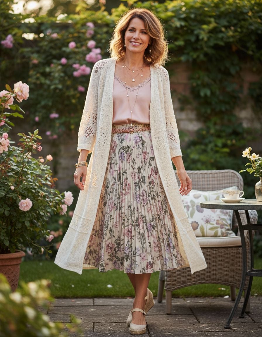 Stylish Cardigan Outfits for Women Over 40 with Soft Romantic Styling