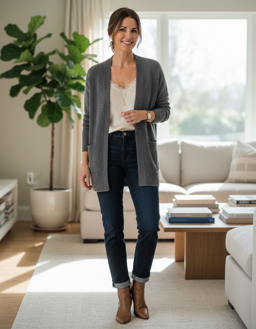 Stylish Cardigan Outfits for Women Over 40 with Understated Luxury Vibes