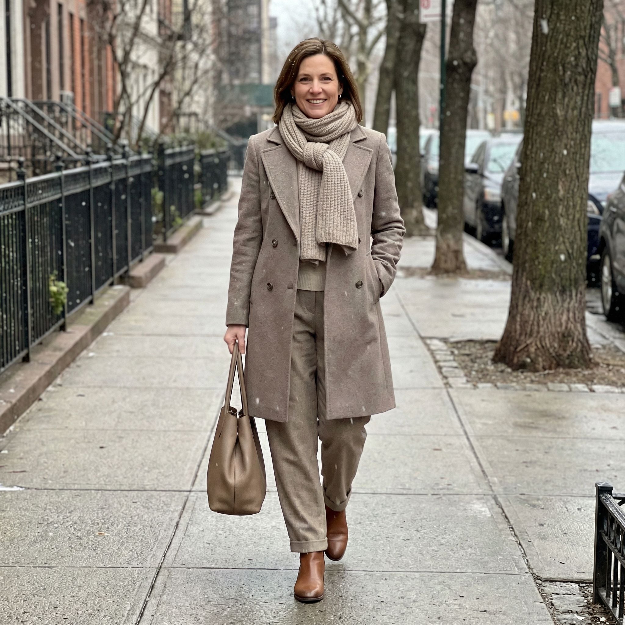 Taupe Palette Quiet Luxury Winter Day Ensemble for 40-Year-Old Women