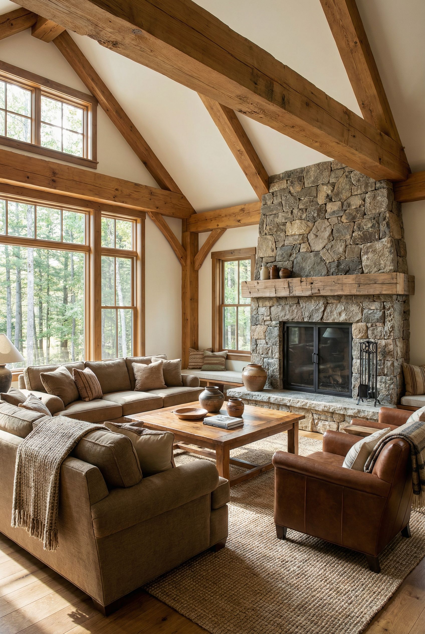$100,000 Rustic Timber-and-Stone Living Room