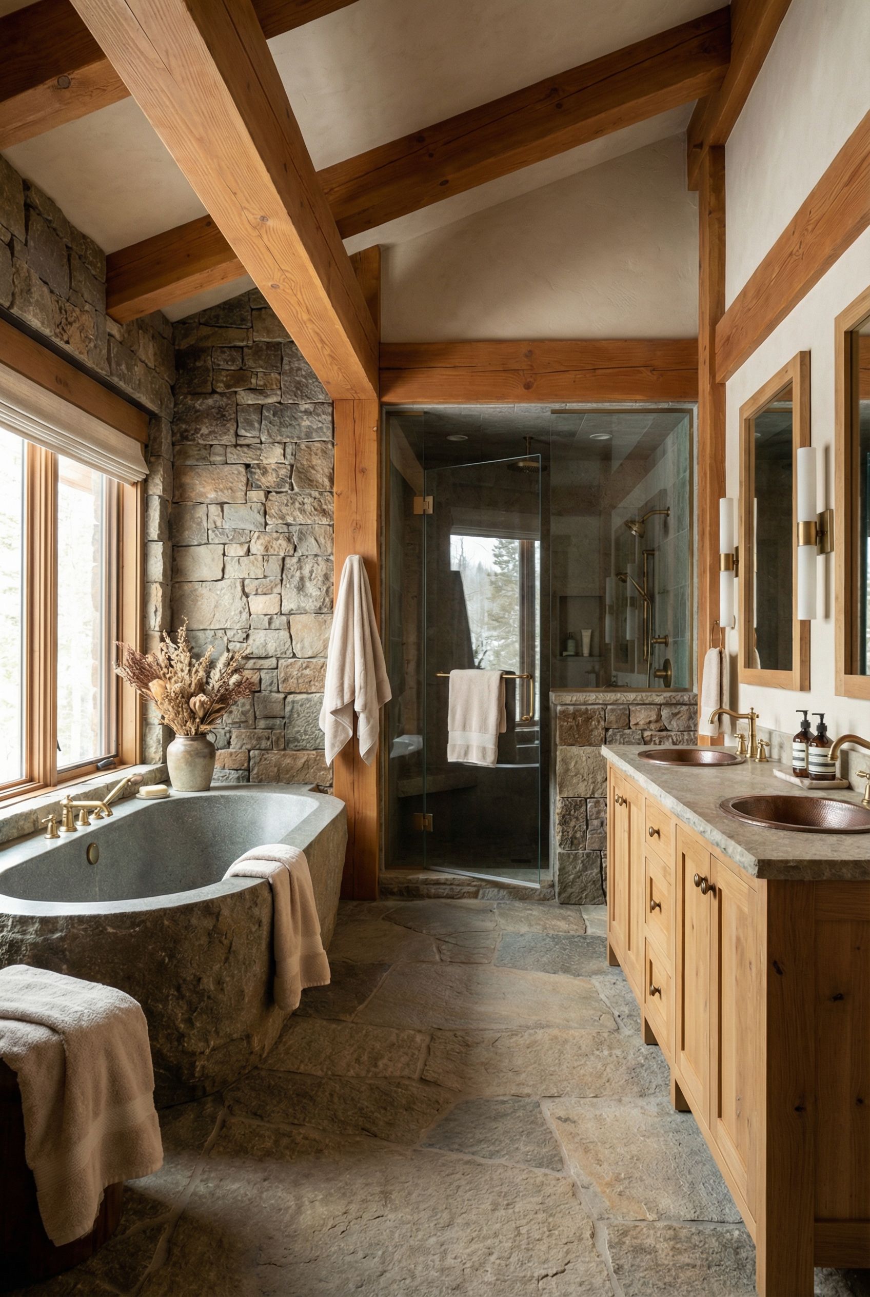 $100,000 Rustic Timber-and-Stone Primary Bathroom