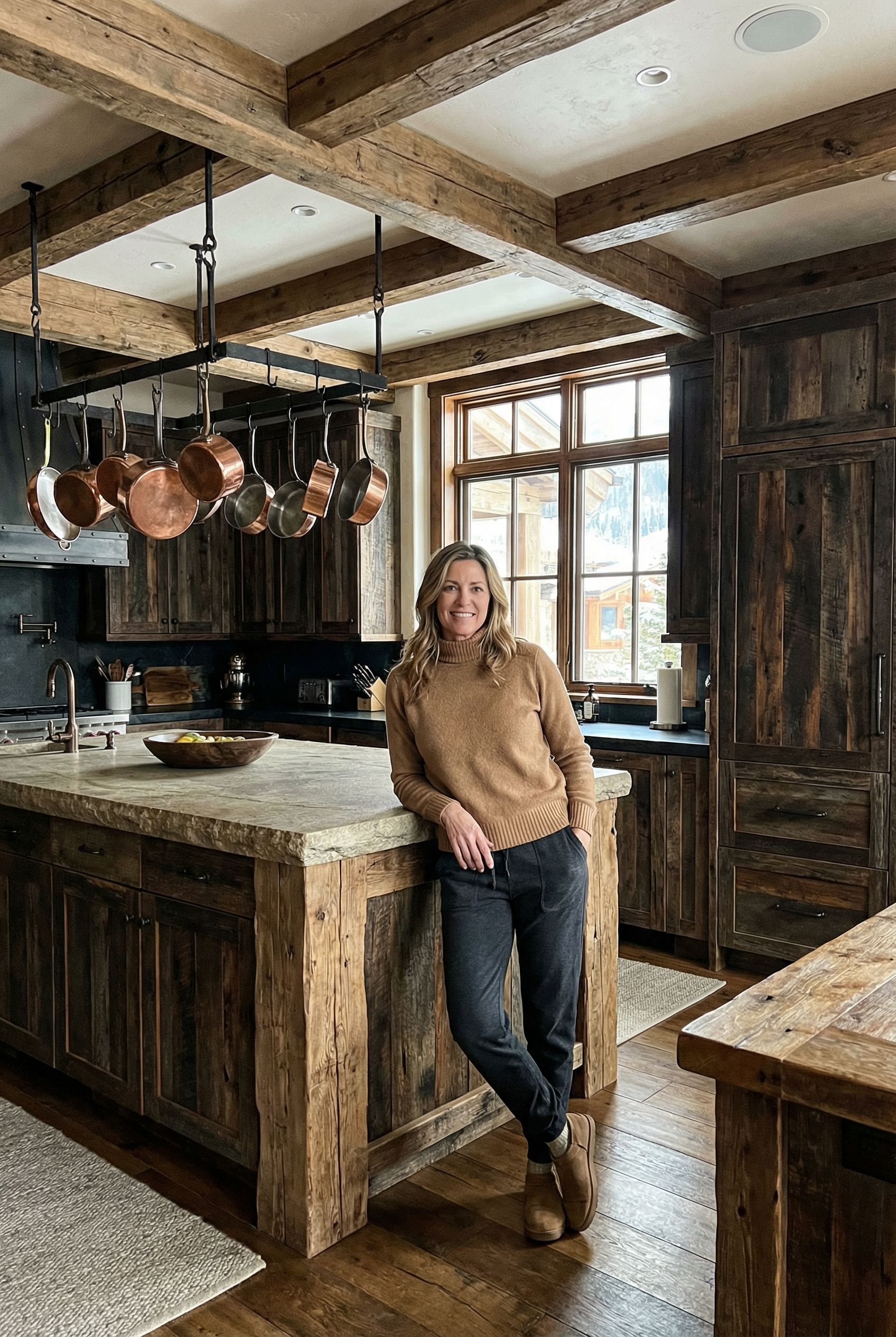 Alpine Chalet-Style Rustic Kitchen with Reclaimed Wood Beams
