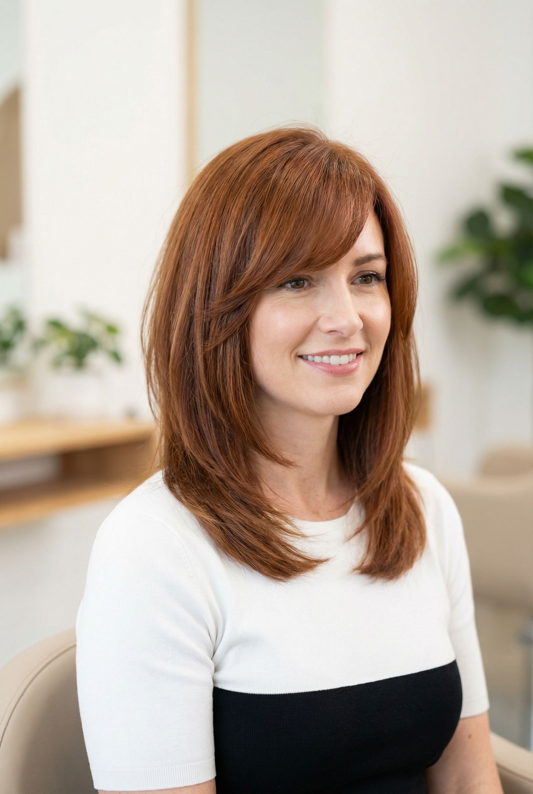 Auburn Layered Cut with Swoopy Fringe