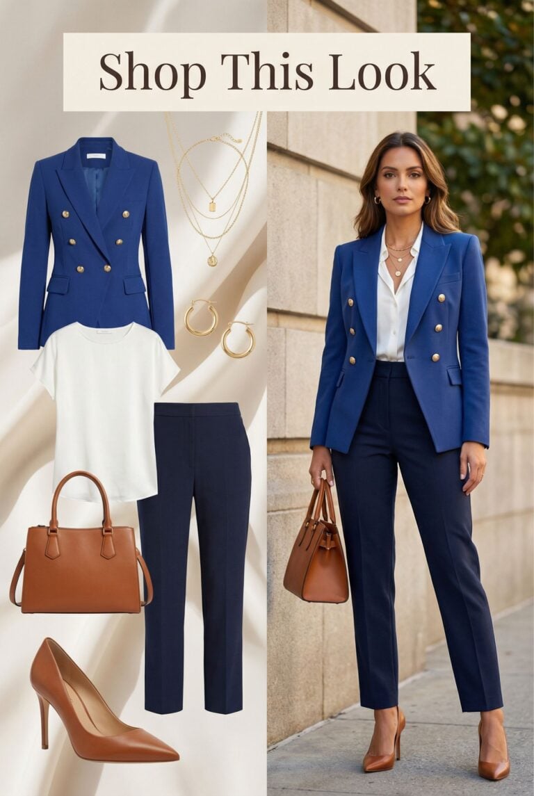 Bold Cobalt Blazer Monochrome Ensemble with Blue Accessories and Heels