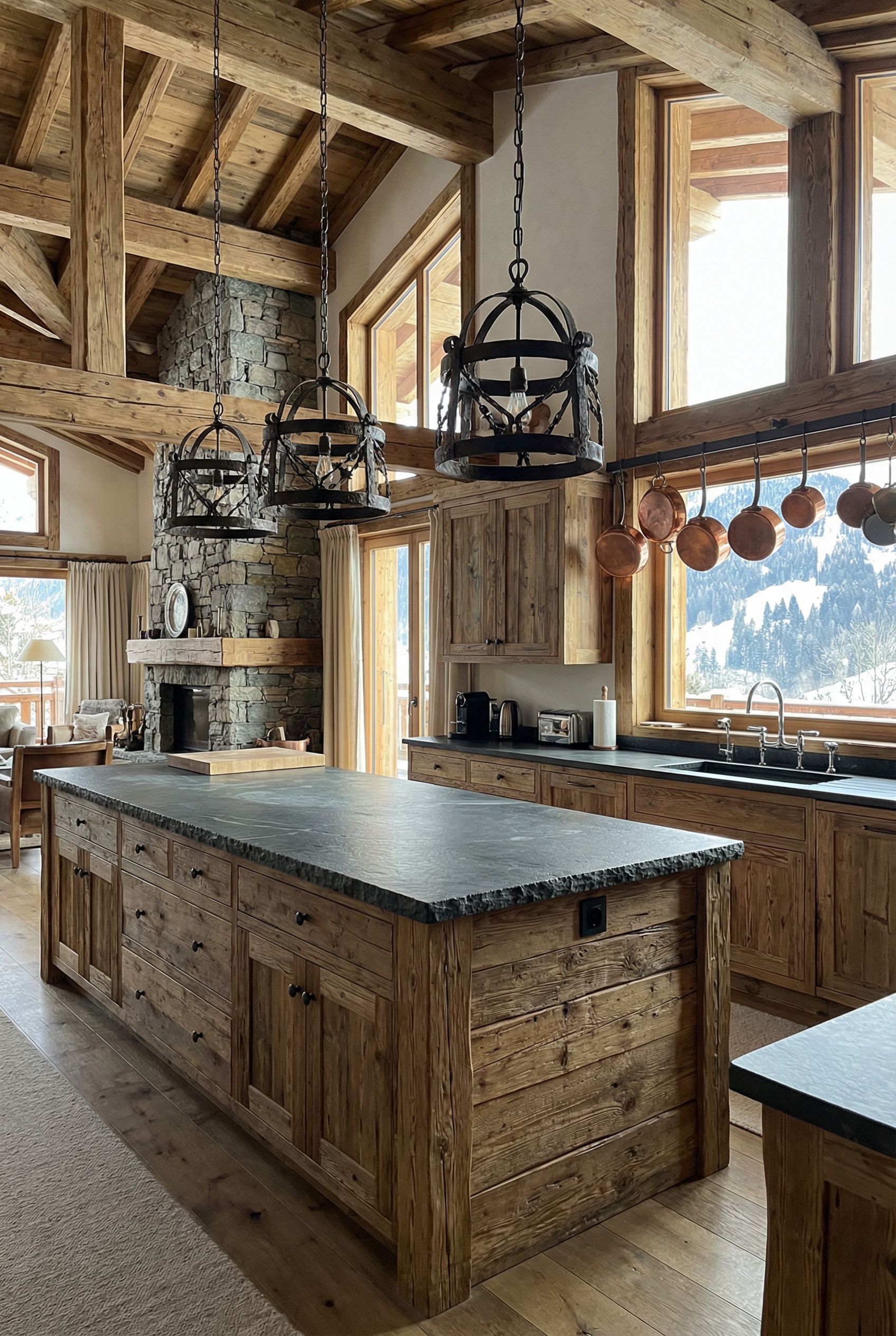 Chalet Kitchen Design with Vintage Swiss Pendant Lighting