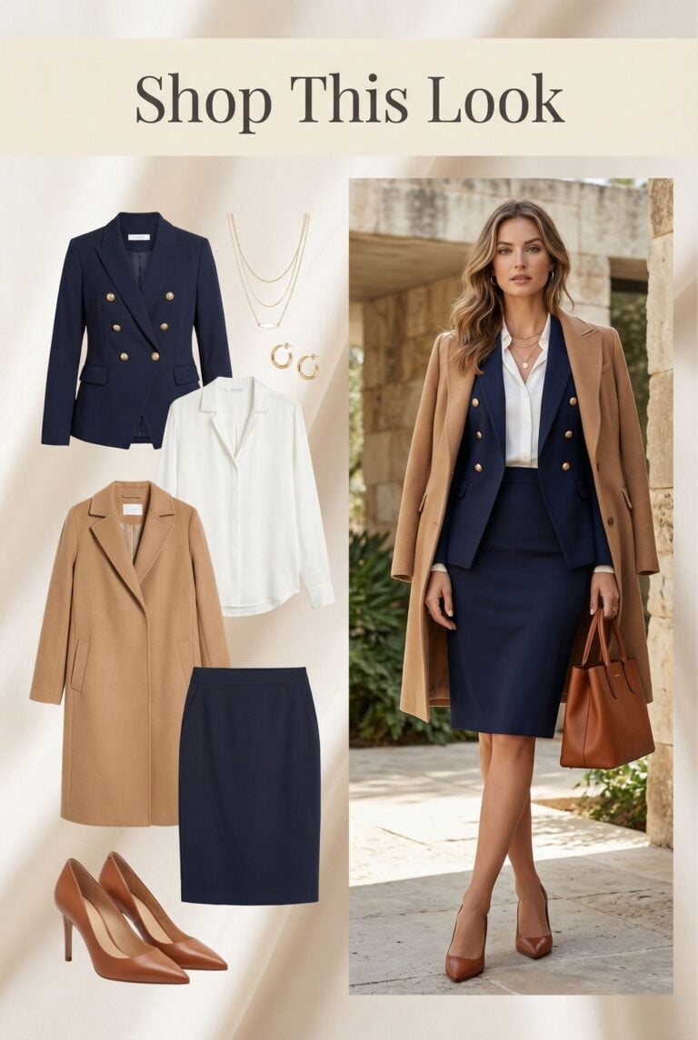 Classic Navy Blazer Business Casual Outfit with Pencil Skirt and Pumps