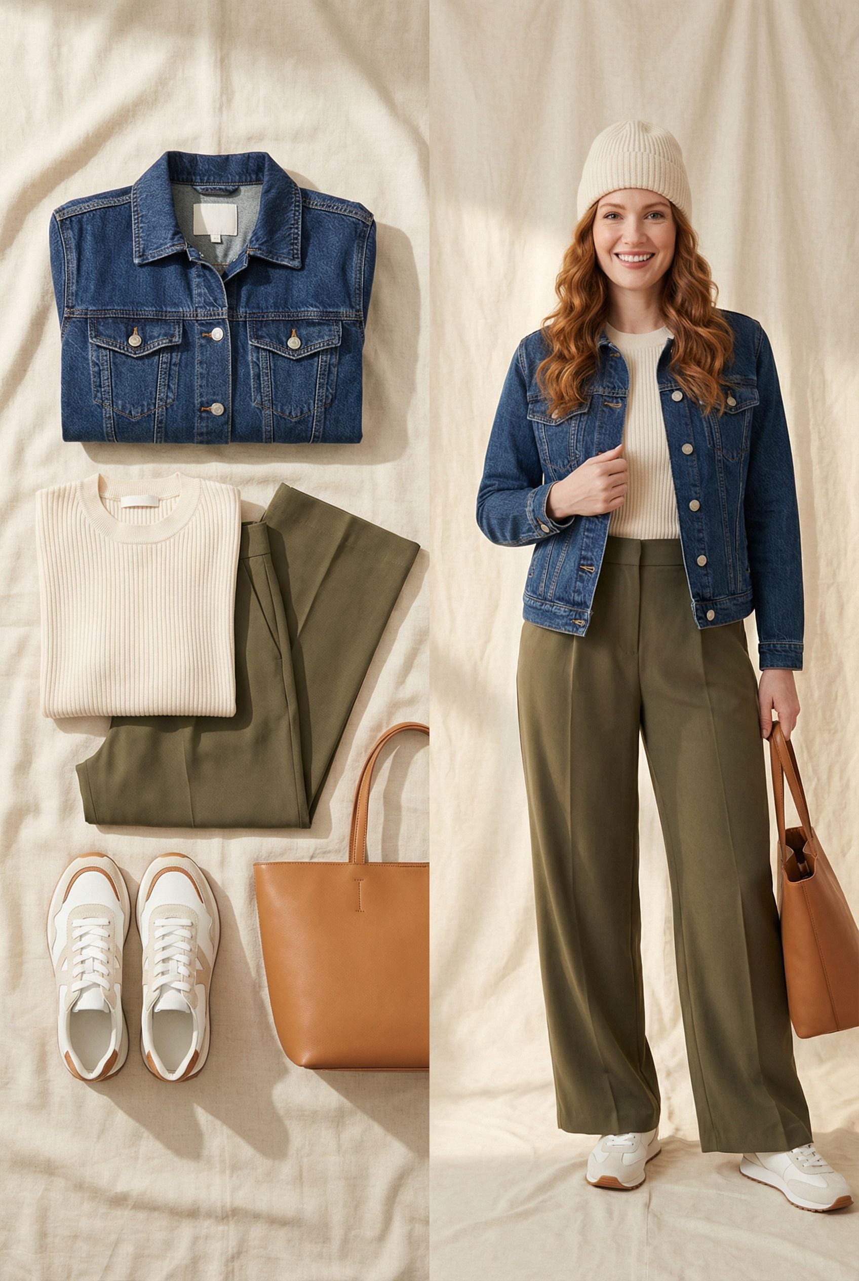 Denim Jacket and Beanie Outfit with Sporty Sneakers for Women 40 Plus