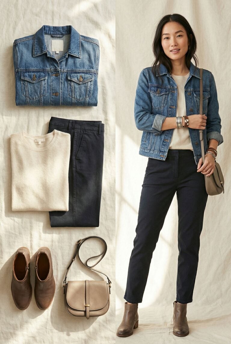 Denim Jacket and Layered Bracelets with Soft Knit Tee for Women 40 Plus