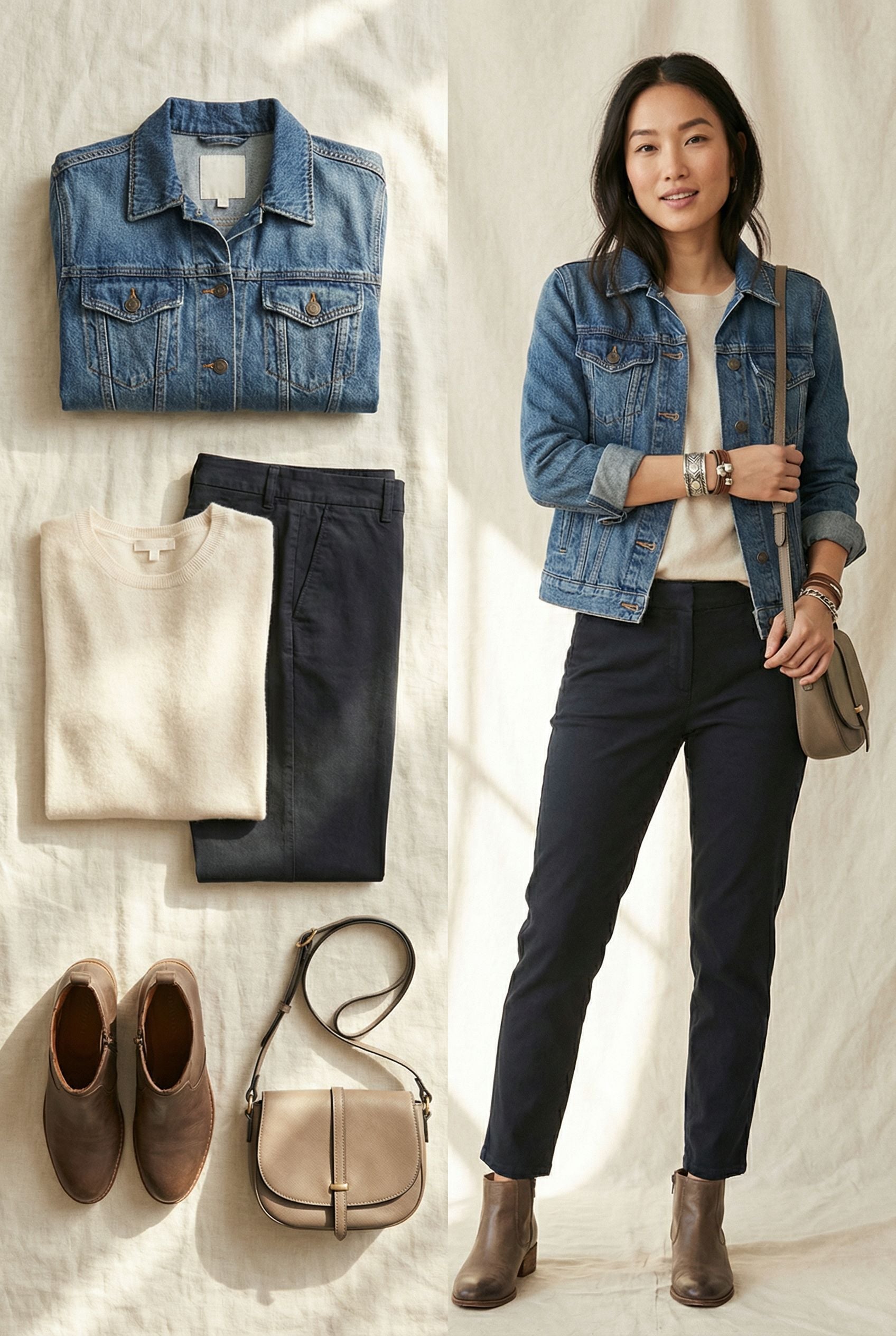 Denim Jacket and Layered Bracelets with Soft Knit Tee for Women 40 Plus