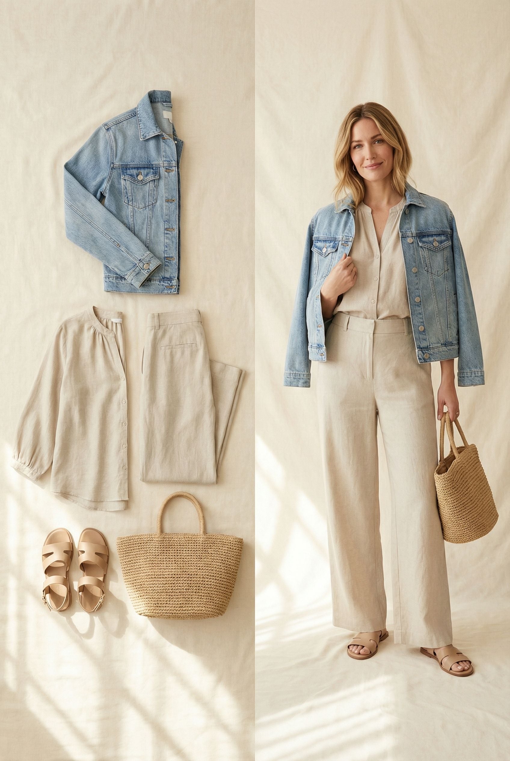 Denim Jacket and Linen Pants Outfit with Soft Neutrals for Women 40 Plus