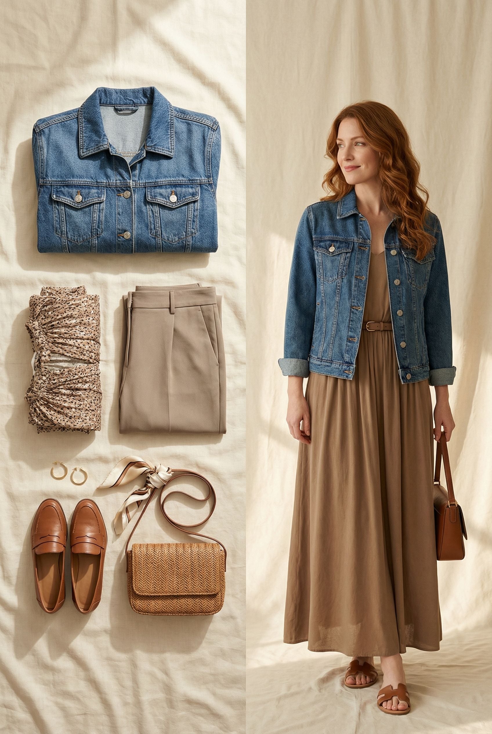 Denim Jacket and Maxi Dress Look with Simple Accessories for Women 40 Plus