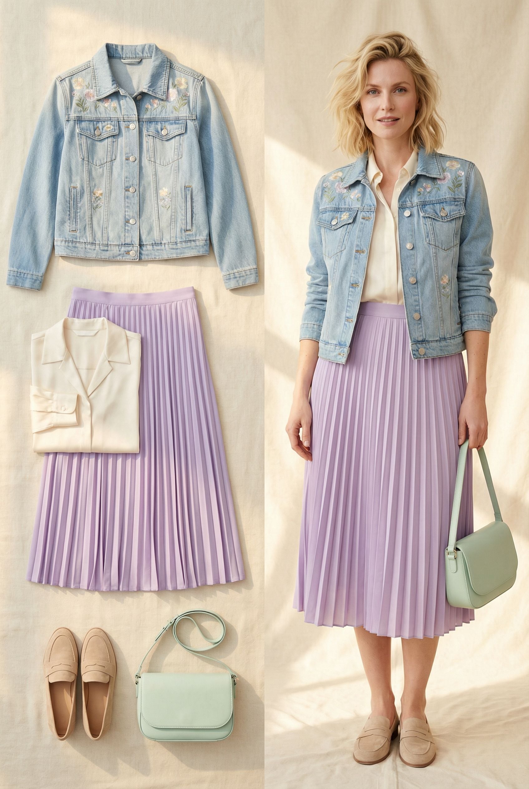 Denim Jacket and Pleated Skirt Outfit with Soft Pastel Accents for Women 40 Plus