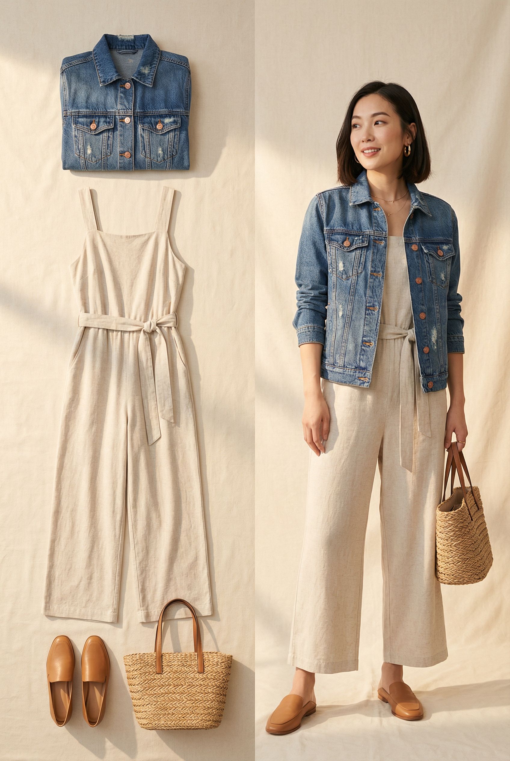 Denim Jacket and Relaxed Jumpsuit Look with Simple Accessories for Women 40 Plus