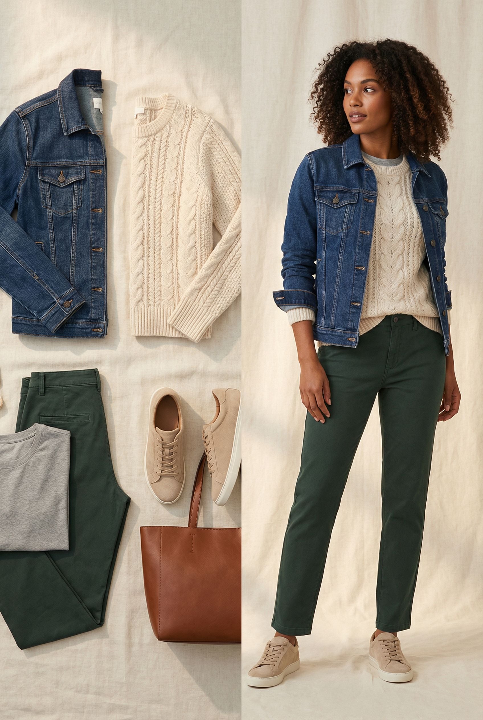 Denim Jacket with Cozy Sweater and Neutral Sneakers for Women Over 40