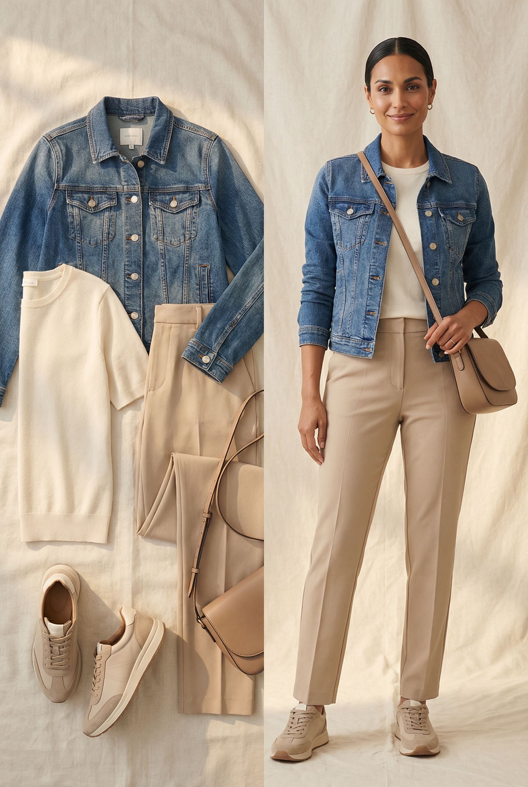 Denim Jacket with Crossbody Bag and Neutral Sneakers for Women Over 40