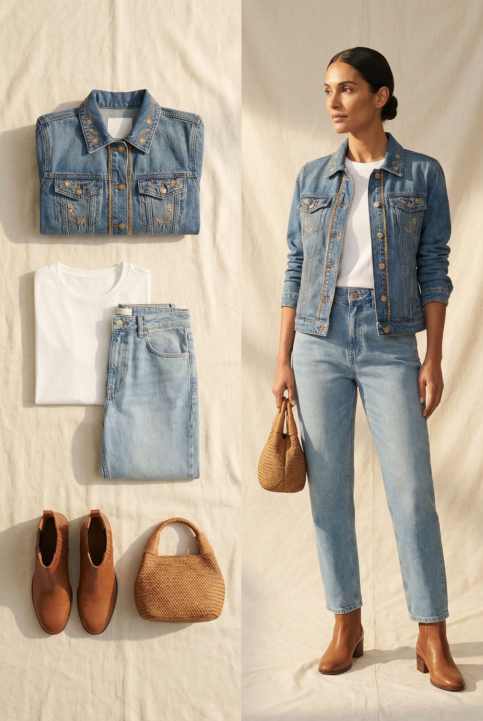 Denim Jacket with Delicate Gold Chains and White Tee for Women Over 40