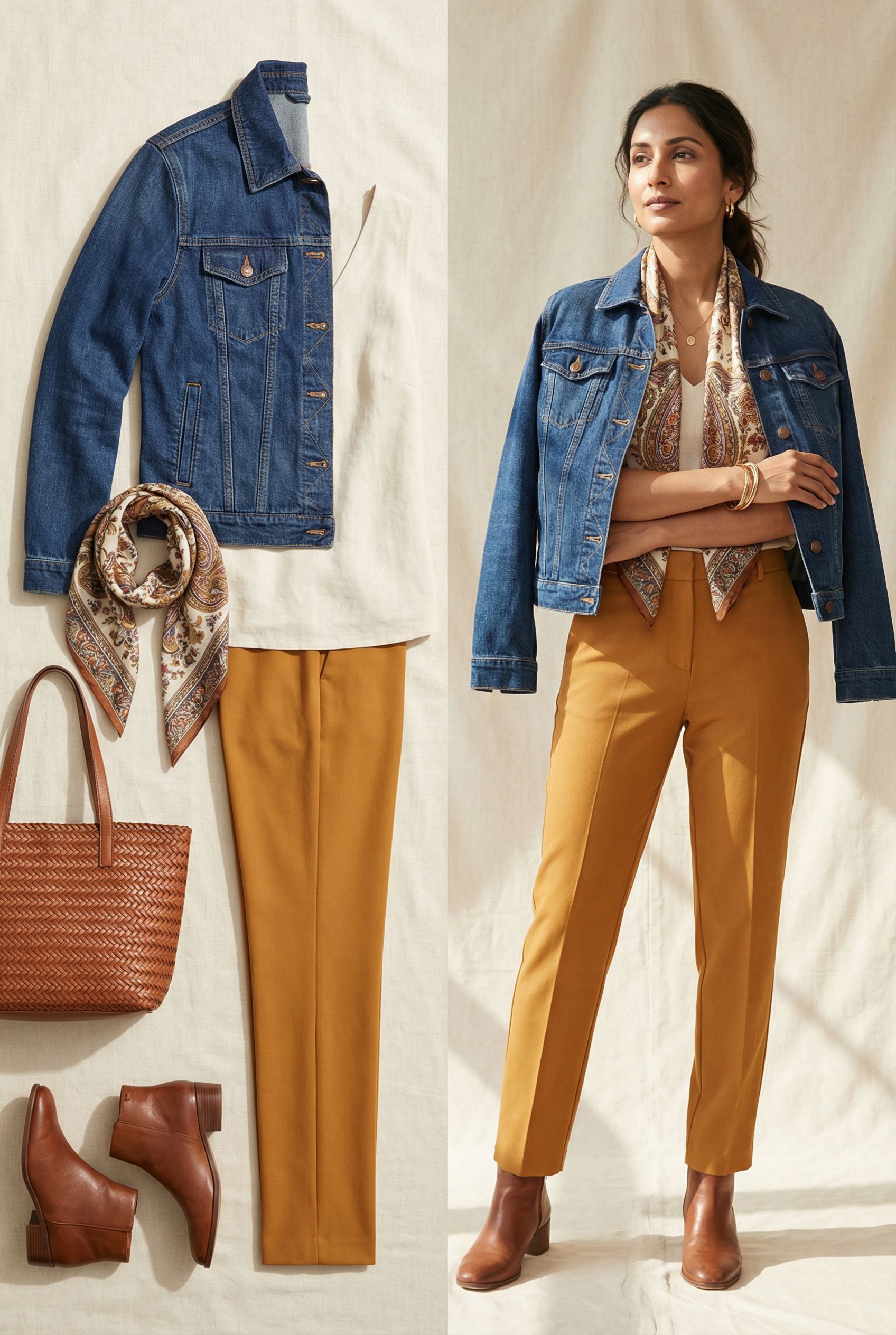 Denim Jacket with Silk Scarf and Minimal Jewelry for Women Over 40