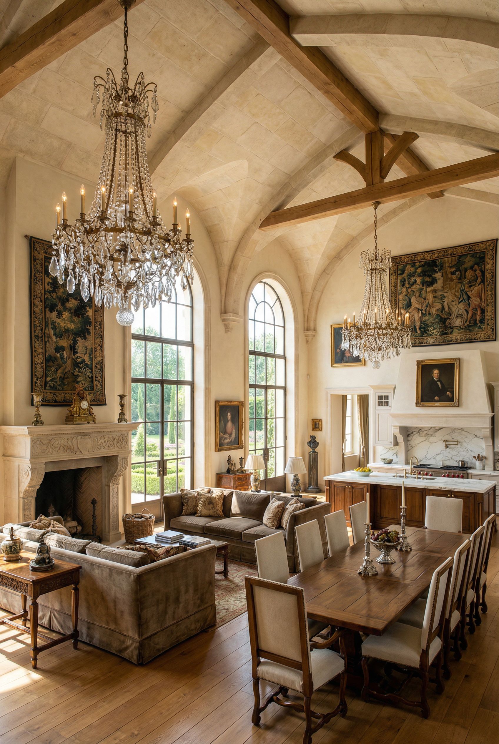 French Château Great Room with Antique Chandeliers