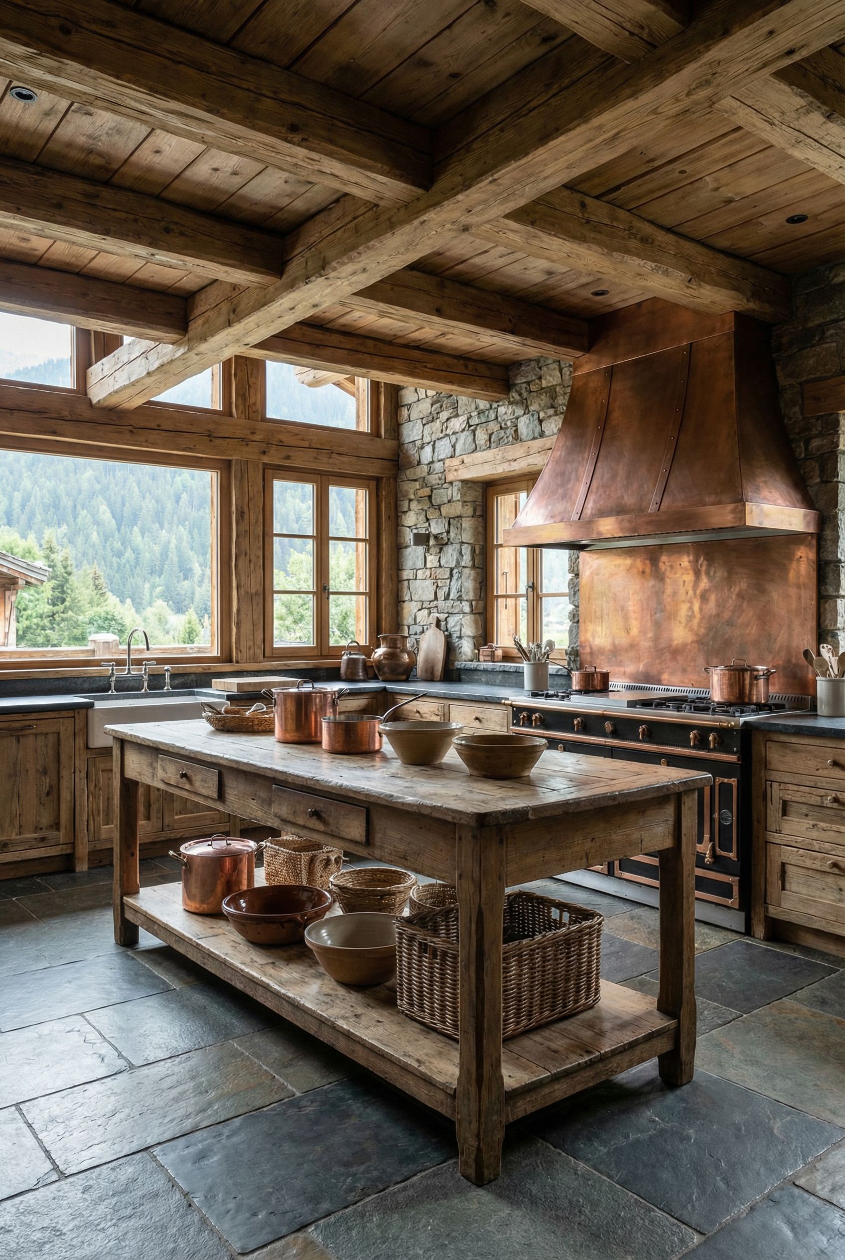 French Country Chalet-Style Rustic Kitchen with Copper Accents